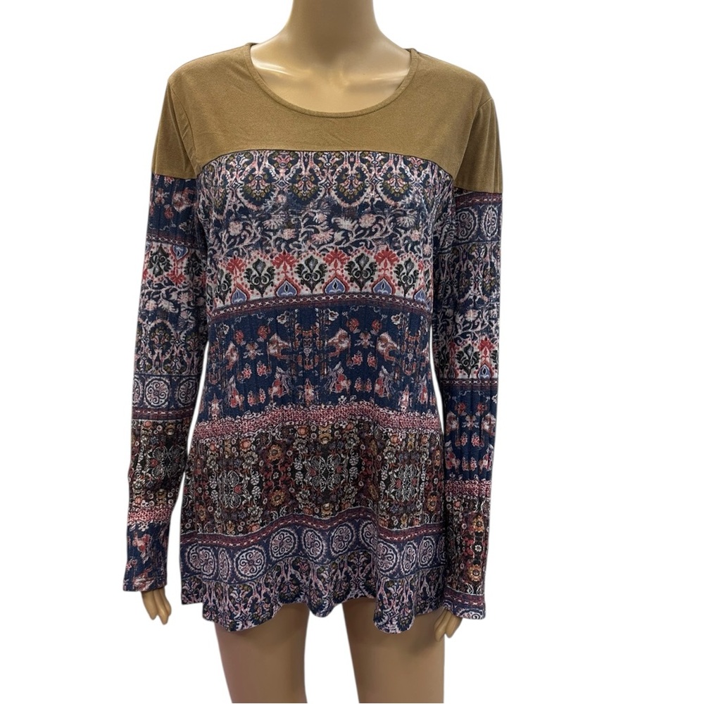 Truself Suede Look Ribbed Knit Floral Print Bottom Long Sleeve Tunic Top Medium